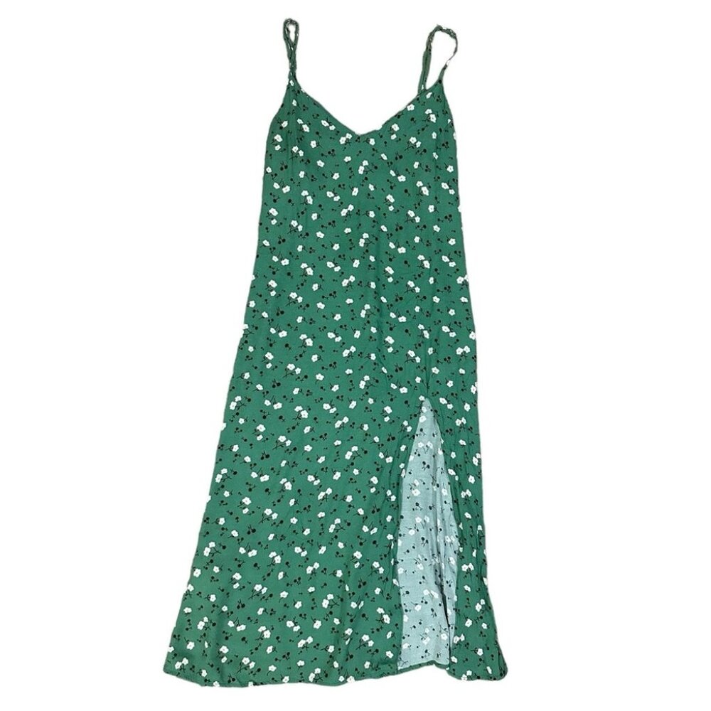 Reformation Pico Green Floral Print Thigh High Slit Slip Maxi Dress